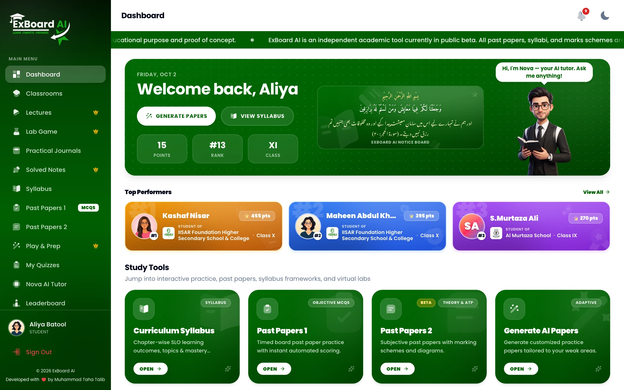 ExBoard AI student dashboard preview