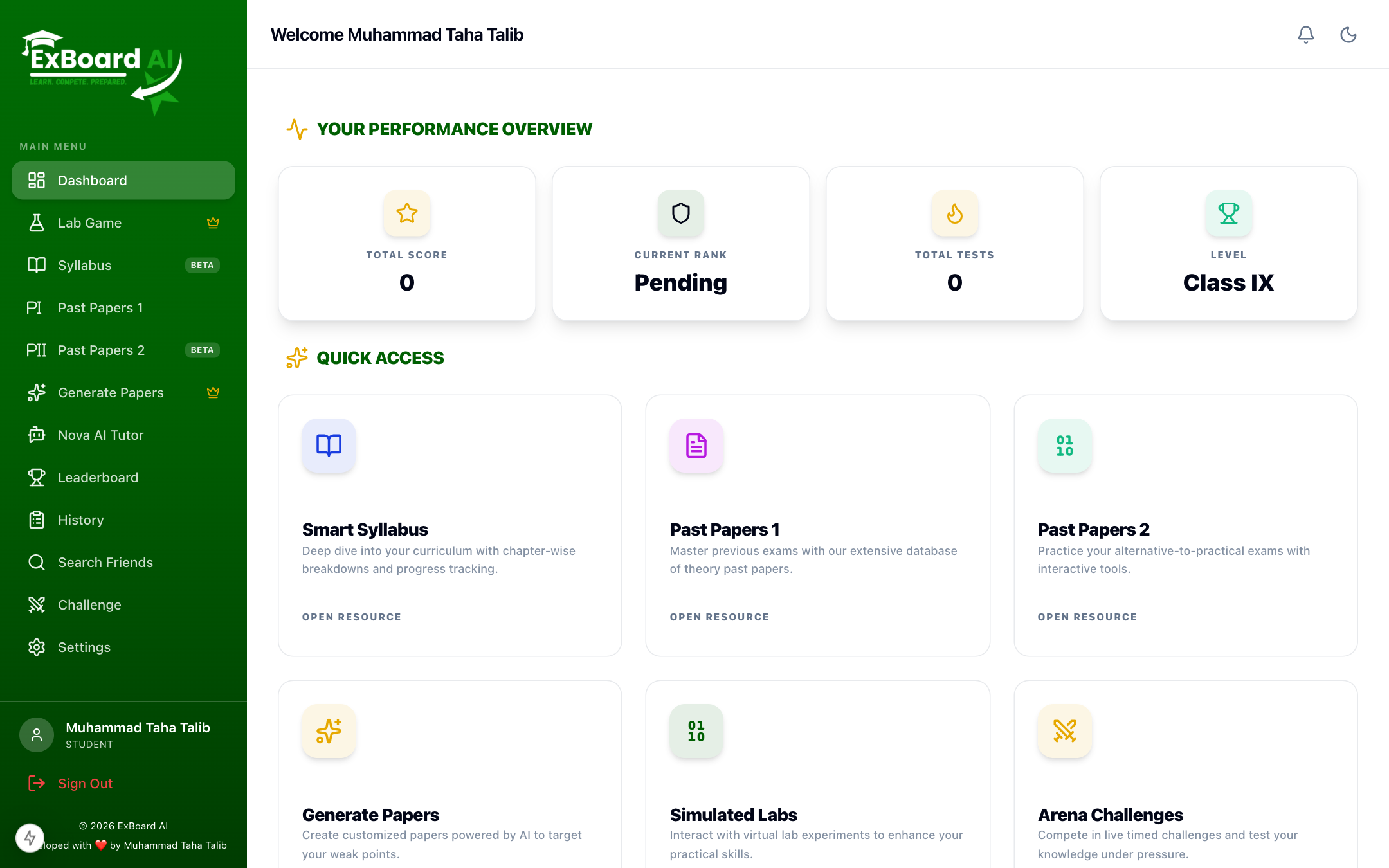 ExBoard AI student dashboard